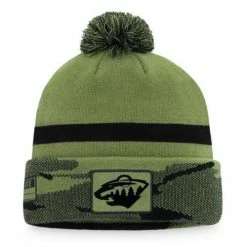 Outlet 🎁 NHL Hats & Caps Fanatics Minnesota Wild Miliatry Pom Beanie ⌛